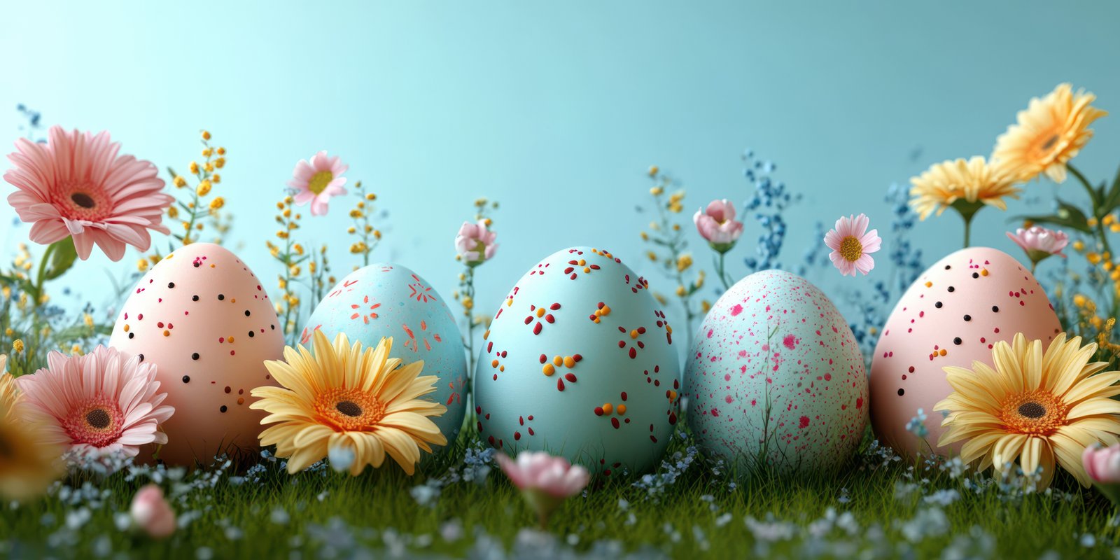 Colorful Easter eggs arranged among cheerful flowers in a bright spring setting